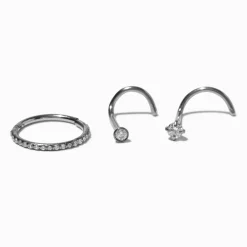 Anneau et clou de nez strass 1,0 mm en titane couleur argentée - Lot de 3