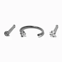 Anneau et clous de nez 0,6 mm en zircon cubique en titane couleur argentée - Lot de 3