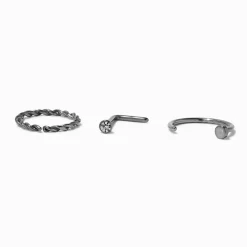 Anneau torsadé et clous de nez 0,8 mm en titane couleur argentée - Lot de 3