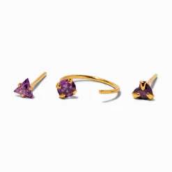 Anneau torsadé et clous de nez 1,7 mm strass violet couleur dorée - Lot de 3