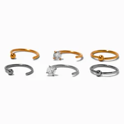 Anneaux de nez 0,8 mm avec zircon cubique en titane métaux mixtes - Lot de 6
