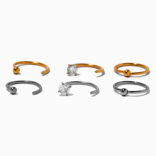Anneaux de nez 0,8 mm avec zircon cubique en titane métaux mixtes - Lot de 6