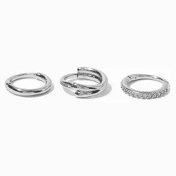 Anneaux de nez 1,0 mm torsadés en zircon cubique et acier inoxydable couleur argentée - Lot de 3