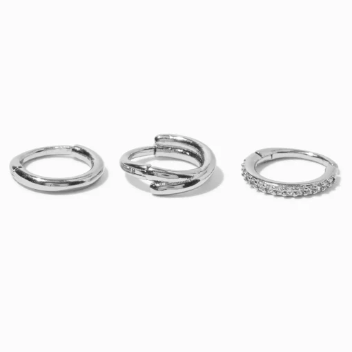 Anneaux de nez 1,0 mm torsadés en zircon cubique et acier inoxydable couleur argentée - Lot de 3
