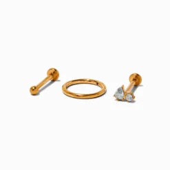 Anneaux de piercing de cartilage sans filet clou et anneau 1,0 mm zircon cubique titane couleur dorée - Lot de 3