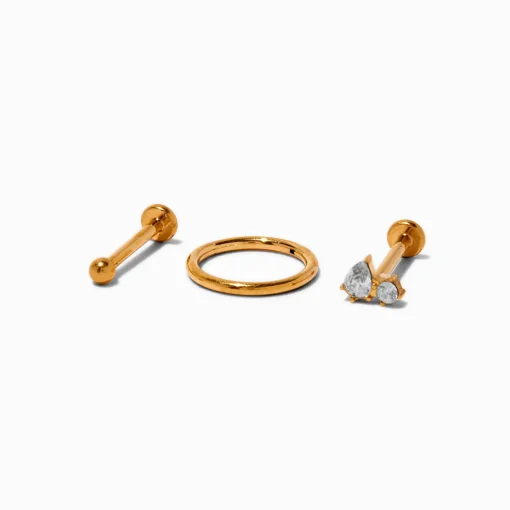 Anneaux de piercing de cartilage sans filet clou et anneau 1,0 mm zircon cubique titane couleur dorée - Lot de 3