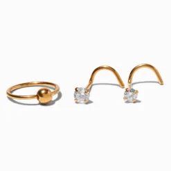Anneaux et clou de nez 0,8 mm avec strass en titane couleur dorée - Lot de 3