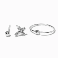 Anneaux et clou pour piercing de nez 0,6 mm croix couleur argentée - Lot de 3