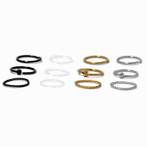 Anneaux et clous de piercing de nez aux designs variés 0,8 mm en BioFlex® - Lot de 12
