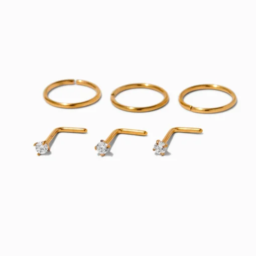 Anneaux et clous en zircon cubique 0,8 mm en titane couleur dorée - Lot de 6