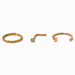 Anneaux 0,8 mm de style torsadé et clou avec strass en titane couleur dorée - Lot de 3