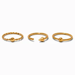 Anneaux 0,8 mm motifs pointe torsades en titane couleur dorée - Lot de 3