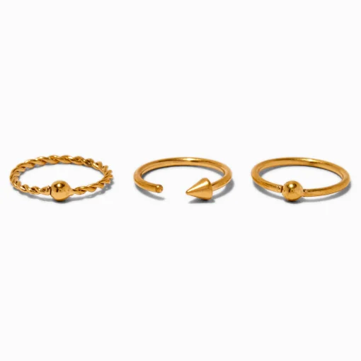 Anneaux 0,8 mm motifs pointe torsades en titane couleur dorée - Lot de 3