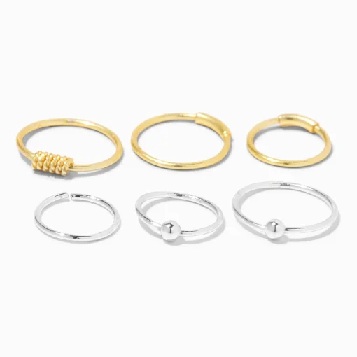 Anneaux pour piercing de nez perlés 0,6 mm couleur argentée en métaux mixtes - Lot de 6