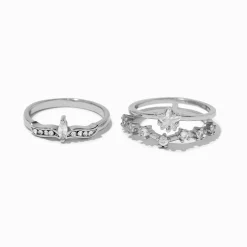 Bagues superposables célestes en zircon cubique couleur argentée - Lot de 2