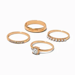 Bagues superposables perle d'imitation et zircon cubique couleur dorée - Lot de 4