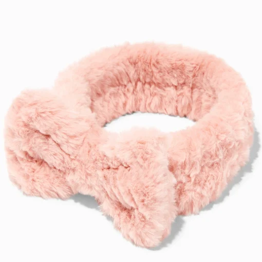 Bandeau de démaquillage à nœud en fausse fourrure rose
