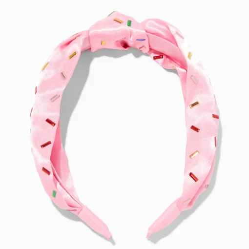 Bandeau rose noué avec strass vermicelles