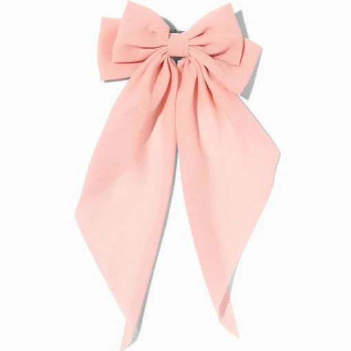 Barrette à nœud avec long ruban rose tendre