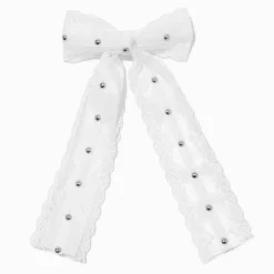 Barrette à nœud cloutée dentelle blanche