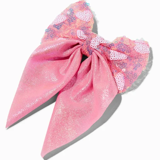Barrette à nœud cœur à sequins rose