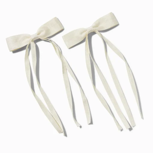 Barrettes à nœud à longs pans en ruban gros-grain couleur ivoire - Lot de 2