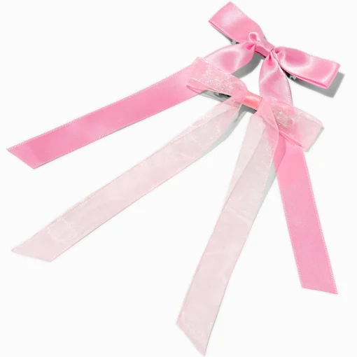 Barrettes à nœud en organza rose et en tissu extra-fin - Lot de 2