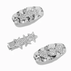 Barrettes cœurs et étoile martelées couleur argentée - Lot de 3