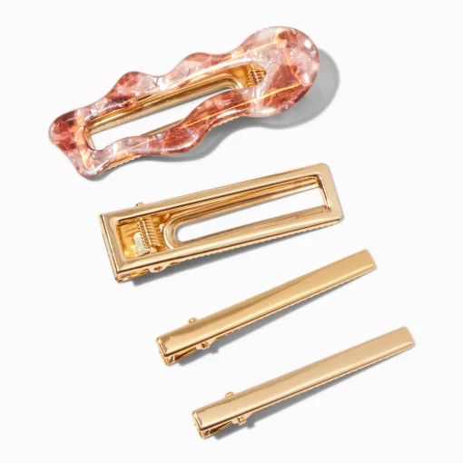 Barrettes rectangulaires ondulées métalliques couleur dorée - Lot de 4