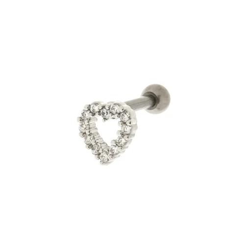 Boucle d’oreille pour piercing de cartilage cœur strass 1,2 mm en titane couleur argentée