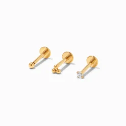 Boucles d’oreilles à arrière plat pour piercing tragus 1,2 mm en zircon cubique d’imitation couleur dorée - Lot de 3