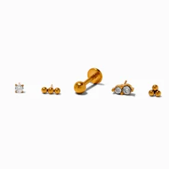 Boucles d’oreilles à arrière plat pour piercing hélix 1,0 mm avec embouts interchangeables en zircon cubique titane couleur dorée - Lot de 5