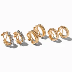 Boucles d’oreilles à clip 20 mm texturées strass couleur dorée - Lot de 3