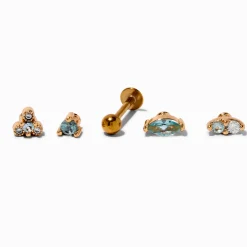Boucles d’oreilles à dos plat vertes pour piercing de cartilage 1,0 mm changeable en zircon cubique et acier inoxydable couleur dorée - Lot de 5