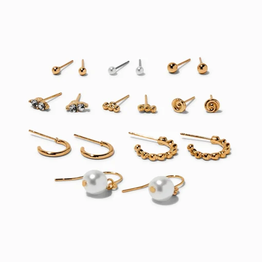 Boucles d’oreilles aux designs variés perle d'imitation et tourbillon de strass couleur dorée - Lot de 9