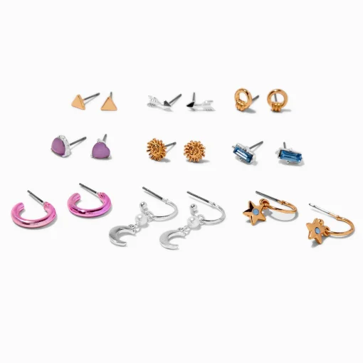 Boucles d’oreilles ornées de strass en métaux mixtes - Lot de 9