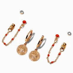 Boucles d’oreilles superposables à chaîne orange pièce soleil rayonnant couleur dorée - Lot de 3