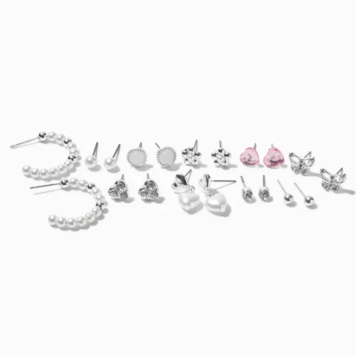 Boucles d'oreilles empilables perle d'imitation couleur argentée - Lot de 10
