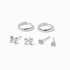 Boucles d'oreilles empilables nœud et anneau en zircon cubique couleur argentée C LUXE by Claire’s - Lot de 3
