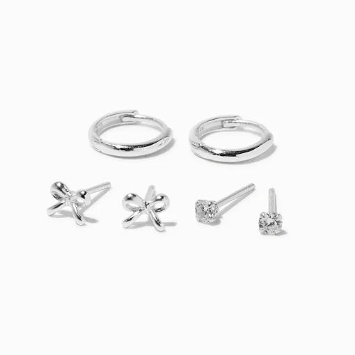 Boucles d'oreilles empilables nœud et anneau en zircon cubique couleur argentée C LUXE by Claire’s - Lot de 3