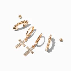 Boucles d'oreilles empilables croix à pointes couleur dorée - Lot de 3
