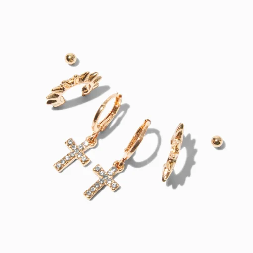 Boucles d'oreilles empilables croix à pointes couleur dorée - Lot de 3