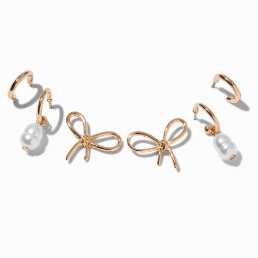 Boucles d'oreilles empilables perle d'imitation nœud noué couleur dorée - Lot de 3