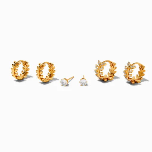 Boucles d'oreilles feuille superposables en zircon cubique couleur dorée C LUXE by Claire's - Lot de 3