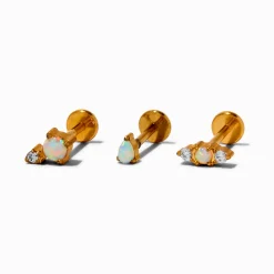 Boucles d'oreilles pour cartilage arrière plat clou 1,0 mm opale d’imitation en titane couleur dorée - Lot de 3