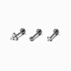 Boucles d'oreilles pour piercing tragus non filetées 1,0 mm en zircon cubique et titane couleur argentée - Lot de 3