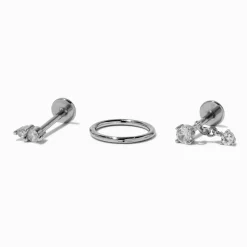 Boucles d'oreilles pour piercing de cartilage non filetées anneaux et clous 1,0 mm strass acier inoxydable couleur argentée - Lot de 3