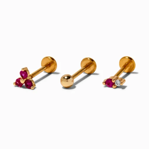 Boucles d'oreilles pour piercing tragus non filetées 1,0 mm fuchsia en acier inoxydable couleur dorée - Lot de 3