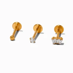 Boucles d'oreilles pour piercing de cartilage non filetées 1,0 mm boule en zircon cubique et titane couleur dorée - Lot de 3