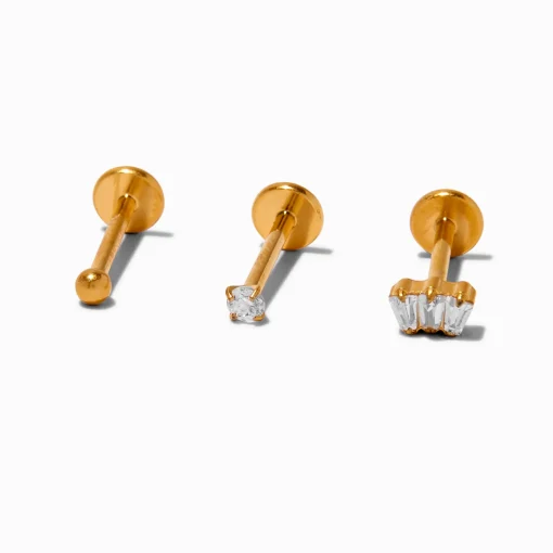 Boucles d'oreilles pour piercing de cartilage non filetées 1,0 mm boule en zircon cubique et titane couleur dorée - Lot de 3